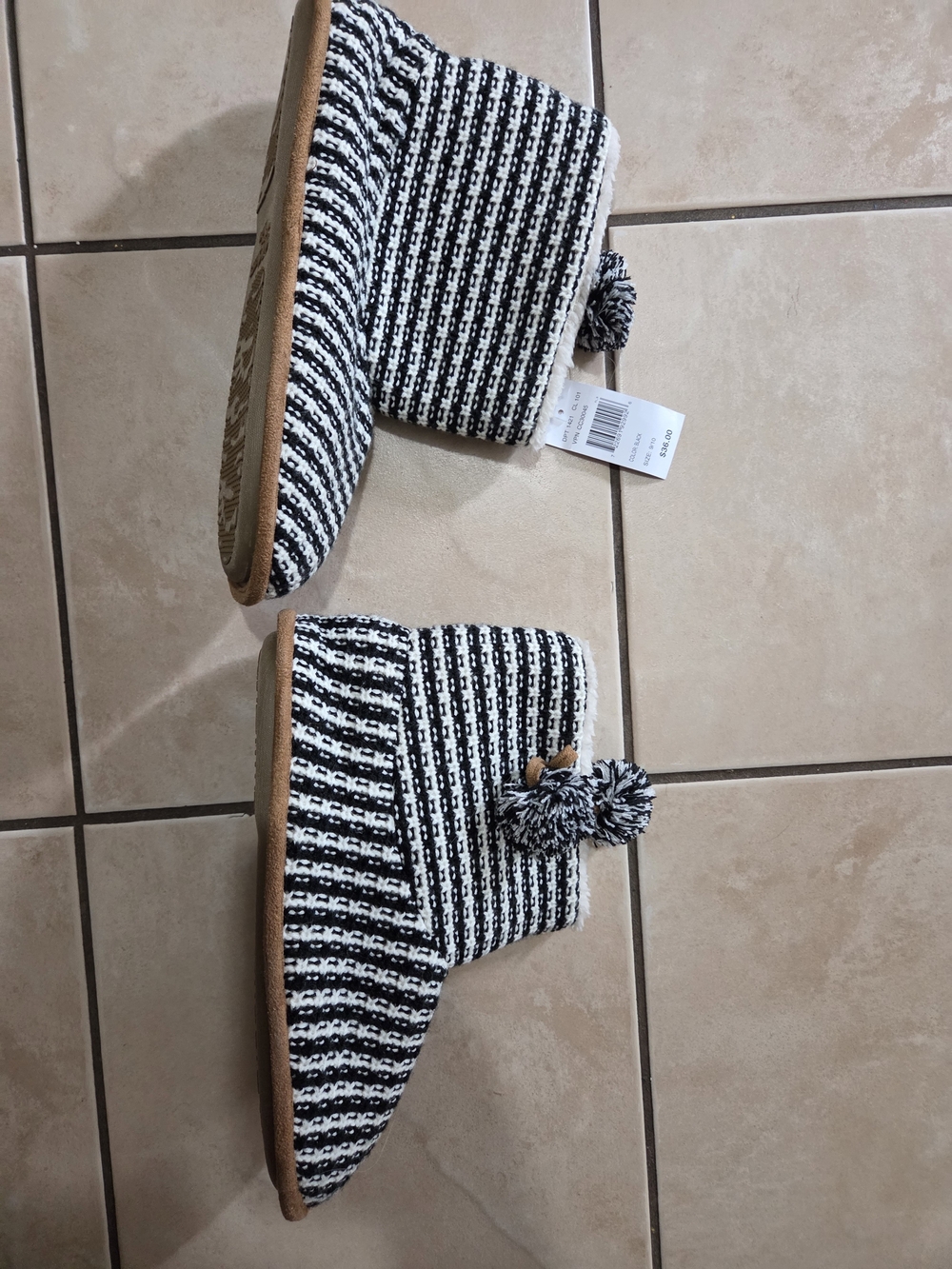 Cozy Knit Pom-Pom Ankle Booties - Black & White